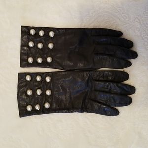 Vintage Black Leather Pearl Studded Womens Gloves, Medium